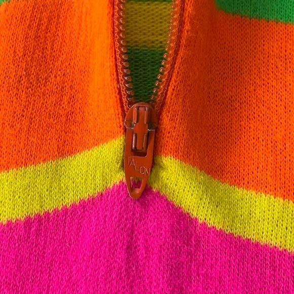 Vtg 60s Psychedelic Knit Raglan Shirt Neon Striped Talon Zip Hippie Neon Mod Top - Picture 4 of 5